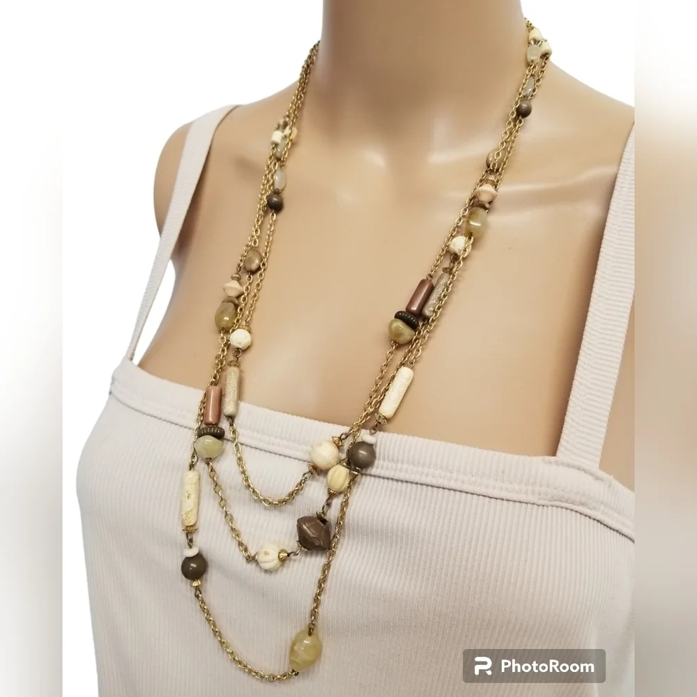 VINTAGE LAYERED GOLDTONED & NEUTRAL MIXED BEAD BOHO NECKLACE
